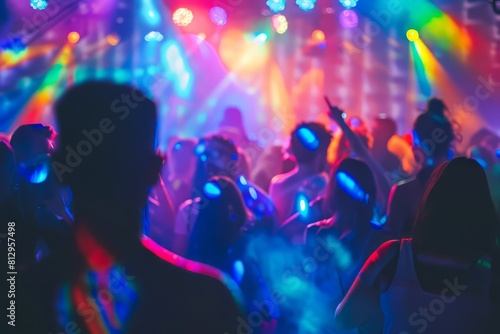 crowd of people are dancing at a silent disco with colorful lights in the background.