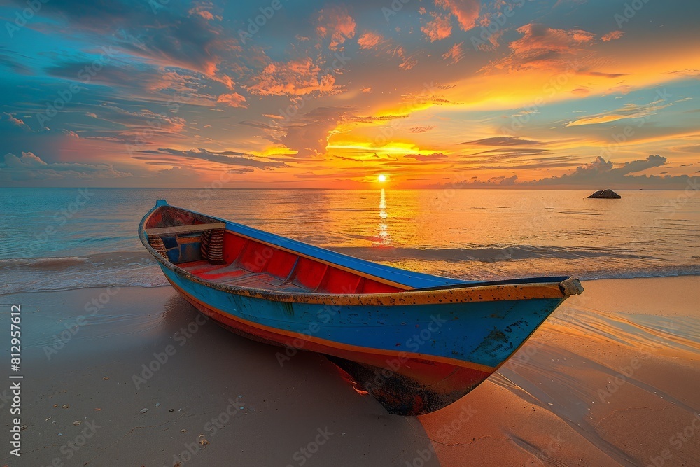 Boat Docked on Beach During Sunset