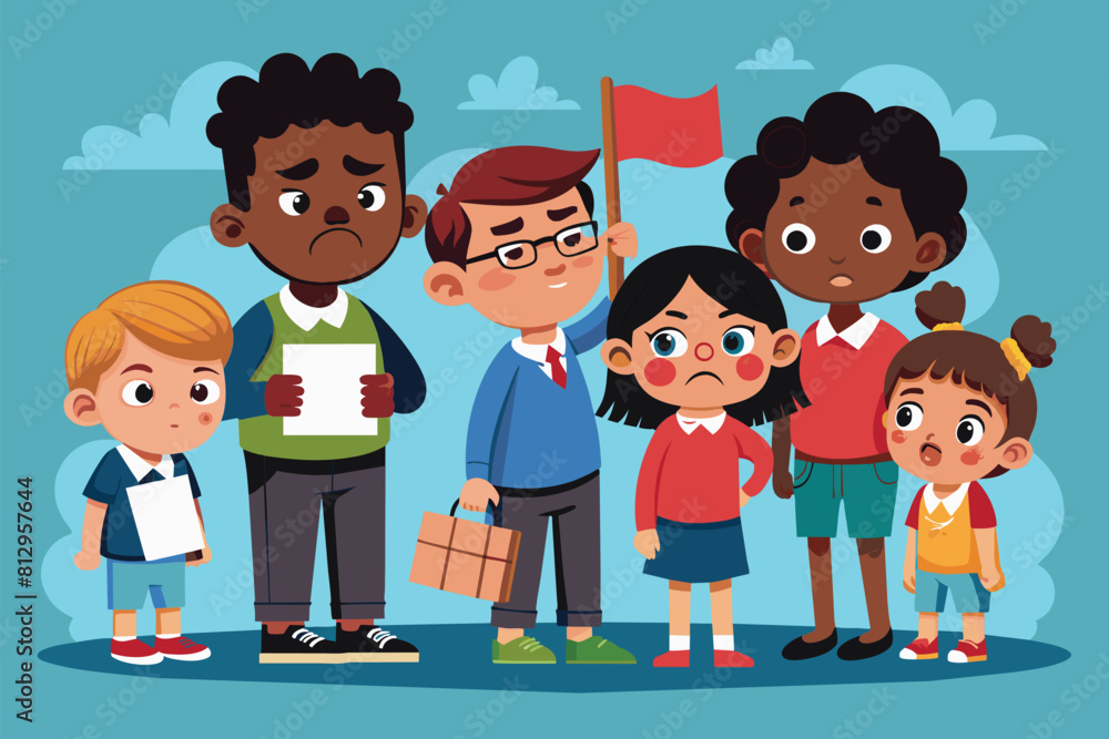 A diverse group of individuals standing together in close proximity, showcasing unity and inclusivity, Racist bullying Customizable Cartoon Illustration