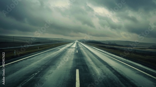 A long, empty road with rain falling