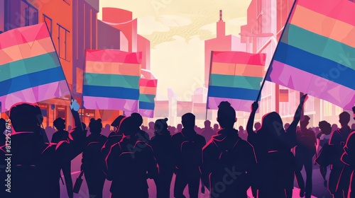 crowd of people are marching in a parade, carrying rainbow flags.