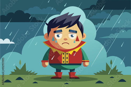 A man wearing a raincoat standing outdoors during a rain shower, Raining Customizable Disproportionate Illustration