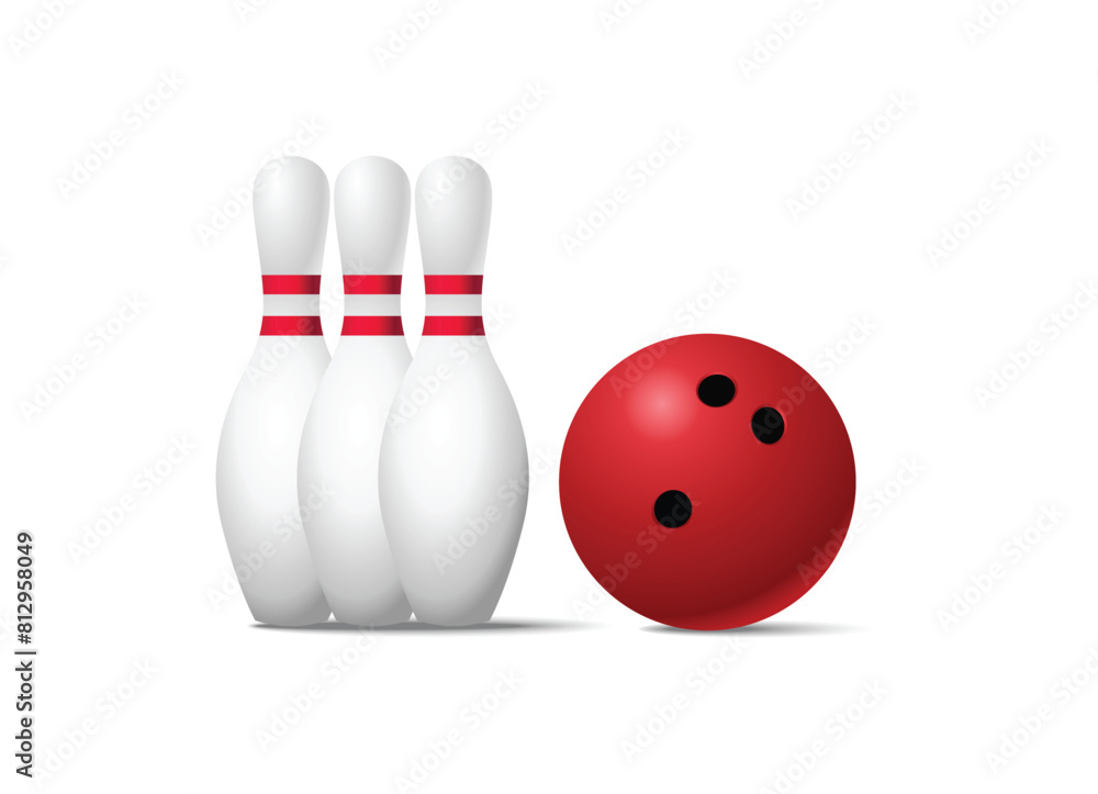Bowling ball game with three pins. Illustration of bowling on white background. stock illustration Bowling ball game with three pins. Illustration of bowling on white background. stock illustration