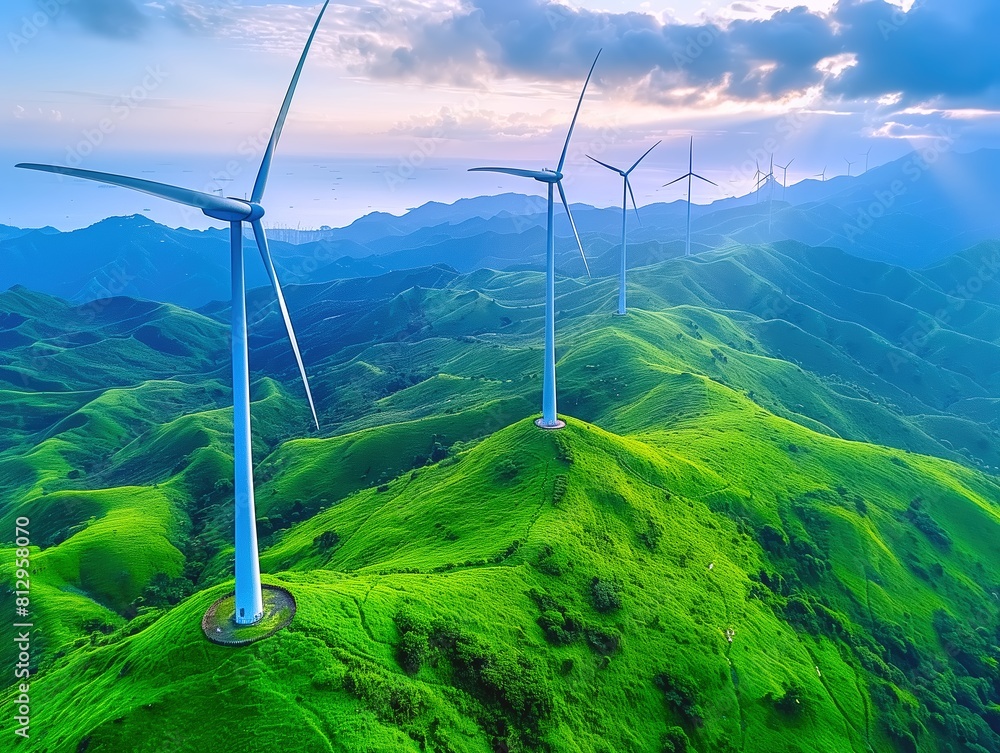 Wind farm nestled in lush green hills under a vibrant sky at dawn or dusk, symbolizing the harmony between technology and nature and the role of renewable energy in our modern landscapes.