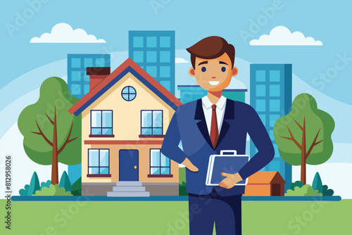 A man stands in front of a house, holding a clipboard in his hand, Realtor Customizable Disproportionate Illustration
