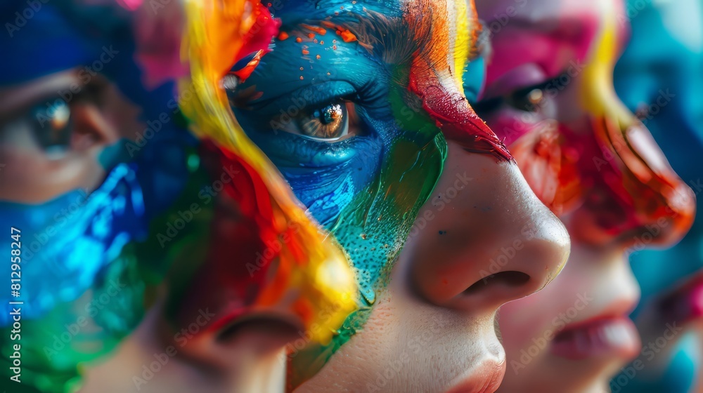 group of people with their faces painted in different colors. group of people with their faces painted in different colors.
