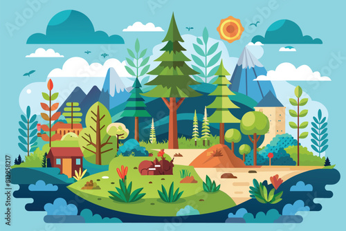 A landscape featuring trees, bushes, and houses in a rural setting, Forest Customizable Disproportionate Illustration