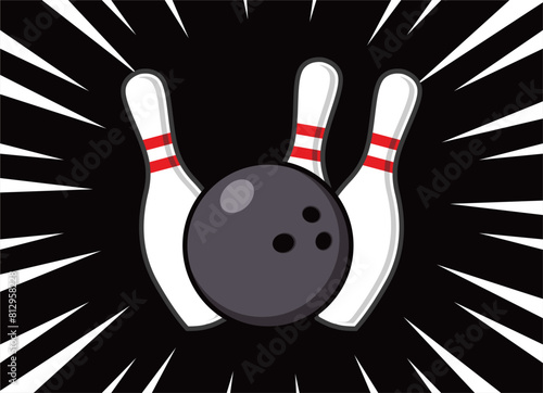 Bowling ball game crashing into the pins. Illustration of bowling strike isolated on black background. stock illustration