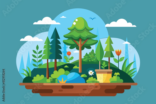 Flat design of a forest filled with various trees and plants in a reforestation illustration, Reforestation Customizable Flat Illustration