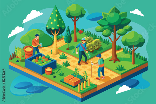 Multiple individuals engaged in various tasks related to reforestation in a park setting, Reforestation Customizable Isometric Illustration