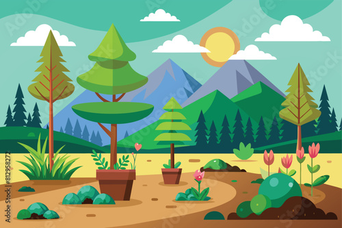 A landscape featuring various trees, plants, and mountains in the background, Reforestation Customizable Semi Flat Illustration