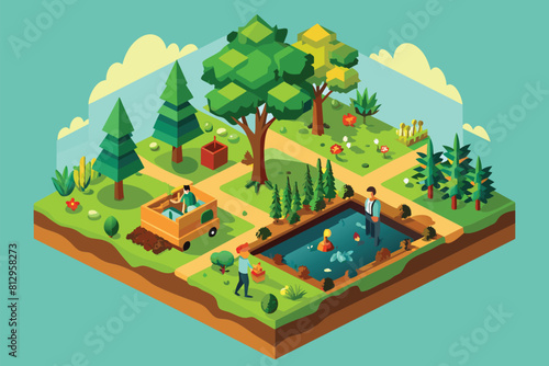 A small island with a pond where people are swimming and enjoying the water, Reforestation Customizable Isometric Illustration