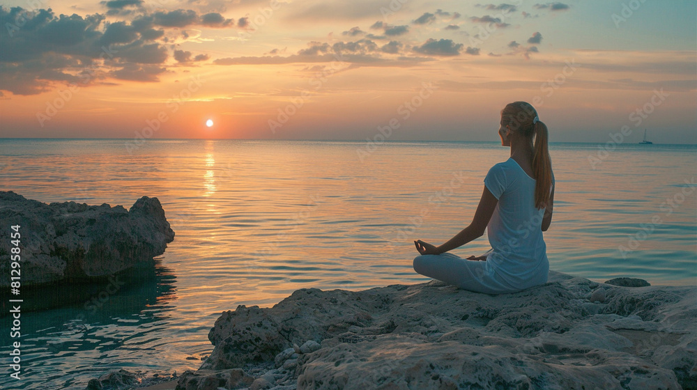 Calmness and inner peace achieved through meditation on a peaceful beach at sunset Calmness and inner peace achieved through meditation on a peaceful beach at sunset