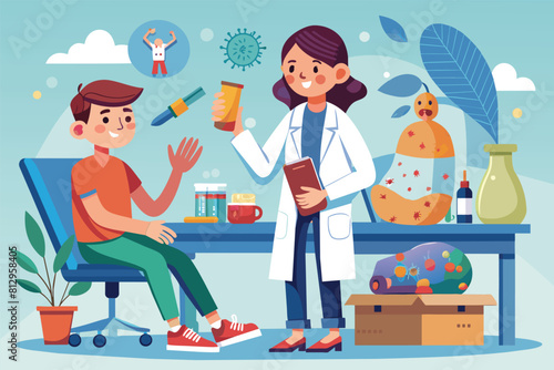 A man and a woman are consulting with a rheumatology specialist in a medical office, Rheumatology Customizable Cartoon Illustration
