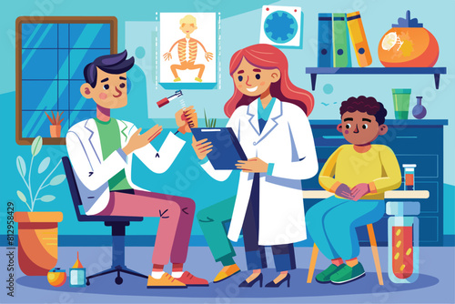 A doctor consults with two young patients in a medical office setting, Rheumatology Customizable Cartoon Illustration