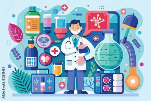A man in a lab coat is surrounded by various medical icons in a professional setting, Rheumatology Customizable Disproportionate Illustration