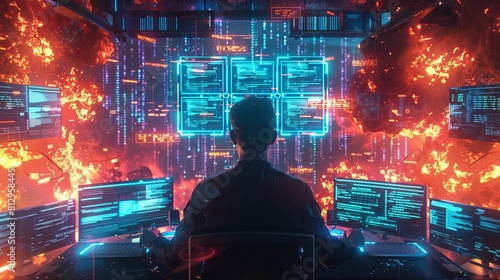 A futuristic businessman surrounded by glowing screens and contracts in a high-tech version of corporate hell, with neon flames and digital demons © Jiraphiphat