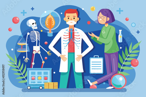 A man and woman stand next to a skeleton, examining the bones closely, Rheumatology Customizable Semi Flat Illustration