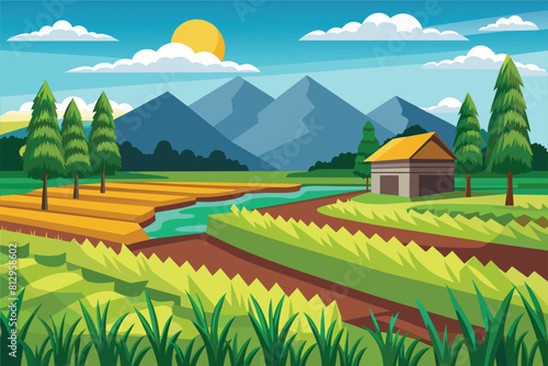 Farm scene featuring a river and mountains in the background, Rice field Customizable Disproportionate Illustration