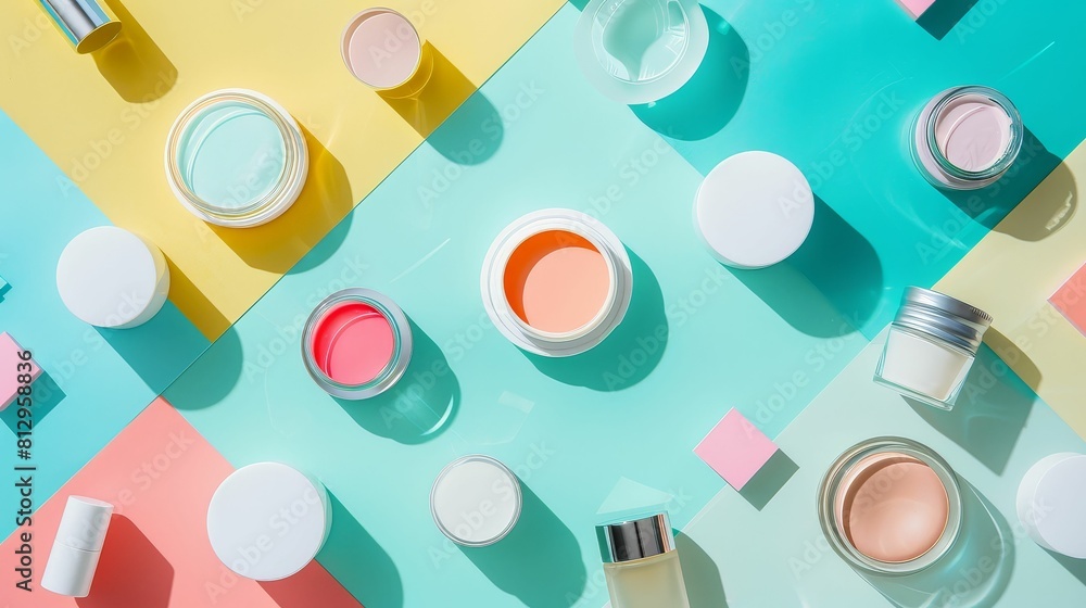 A flat lay composition featuring empty cosmetic jars and tubes arranged in a geometric pattern against a pastel backdrop A flat lay composition featuring empty cosmetic jars and tubes arranged in a geometric pattern against a pastel backdrop