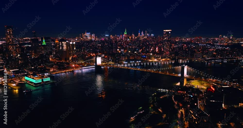 American downtown district evening lights. Night New York city drone flying. American downtown district evening lights. Night New York city drone flying.