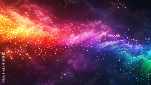 A vibrant fireworks display exploding in the colors of the rainbow flag, illuminating a clear night sky on a deep purple background.