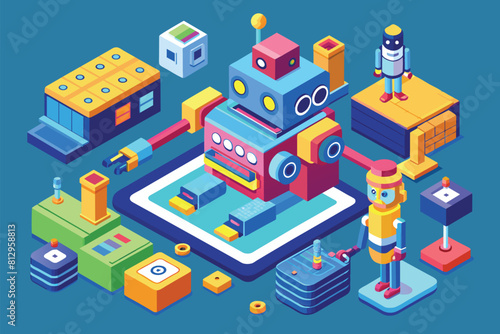 A robot figurine stands on top of a tablet in this customizable isometric illustration, Robotics Customizable Isometric Illustration