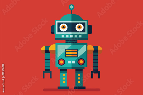 A robot is positioned in front of a solid red backdrop, showcasing its mechanical features, Robotics Customizable Semi Flat Illustration