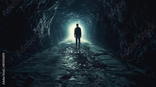 A man stands in a dark tunnel with a light shining on him