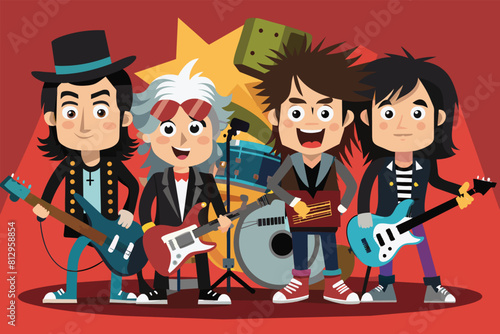 Several individuals enthusiastically playing guitars in a group setting, Rockers Customizable Cartoon Illustration