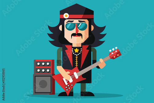 A cartoon character enthusiastically playing an electric guitar accompanied by an amplifier, Rockers Customizable Flat Illustration