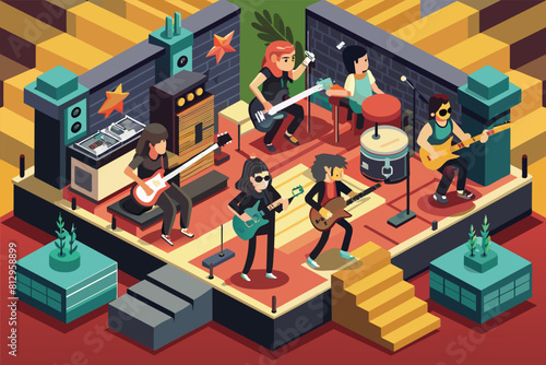 Multiple individuals playing instruments in a lively room setting, Rockers Customizable Isometric Illustration