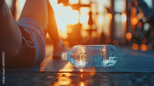 A defocused close-up of a person resting with a water bottle in hand, surrounded by blurred gym equipment and warm sunlight