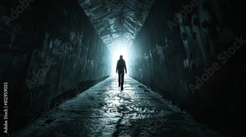 A man is walking down a dark tunnel