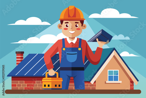 A man wearing overalls and a hard hat standing in front of a house with solar panels on the roof, Roofer Customizable Disproportionate Illustration