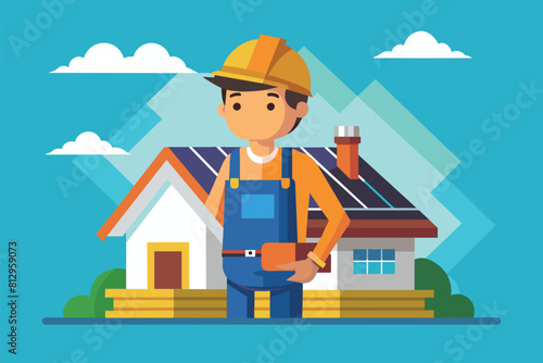 A man standing in front of a house with a solar panel on the roof, Roofer Customizable Semi Flat Illustration