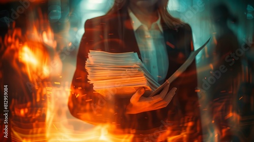 A defocused close-up of a businesswoman clutching a stack of documents, surrounded by blurred flames and sinister figures lurking in the shadows