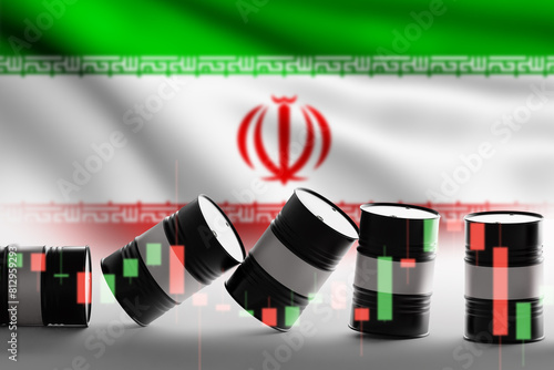 Oil crisis in Iran. Falling barrels of fuel. Flag of Iranian republic. Fluctuations in oil prices. Petroleum shortage in Iran. Graph of decline in oil production rates. Fuel crisis in Iran. 3d image © Grispb