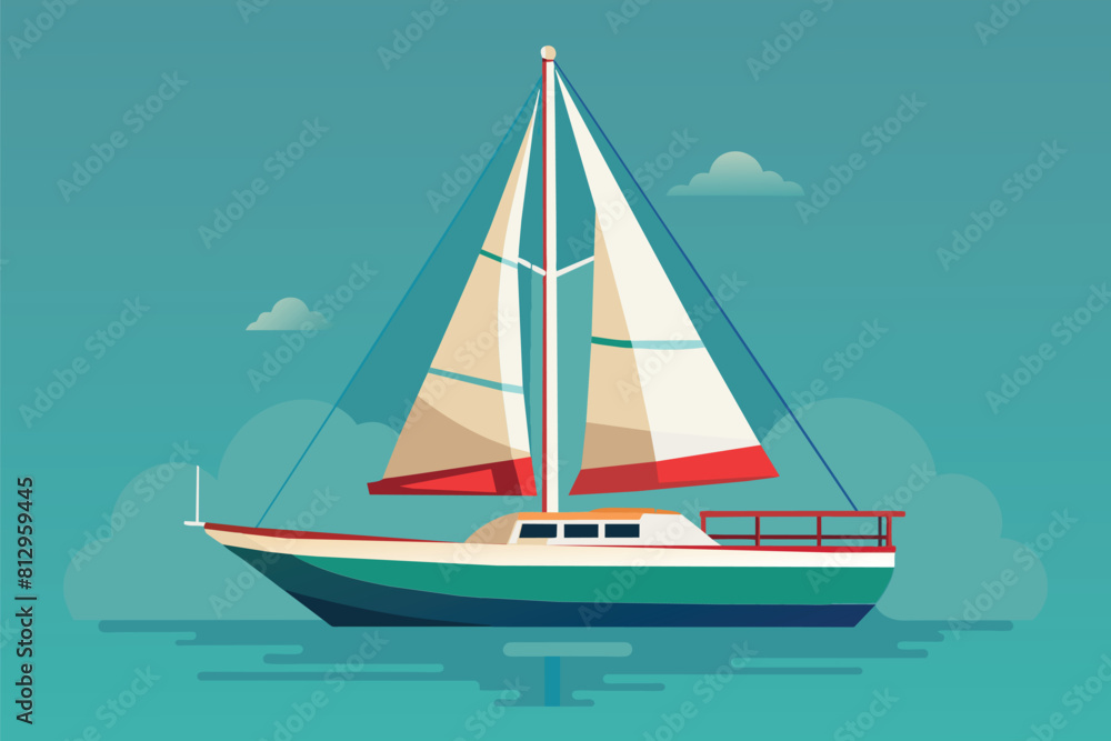 A sailboat peacefully floats on calm water, under clear blue skies, Sail boat Customizable Flat Illustration