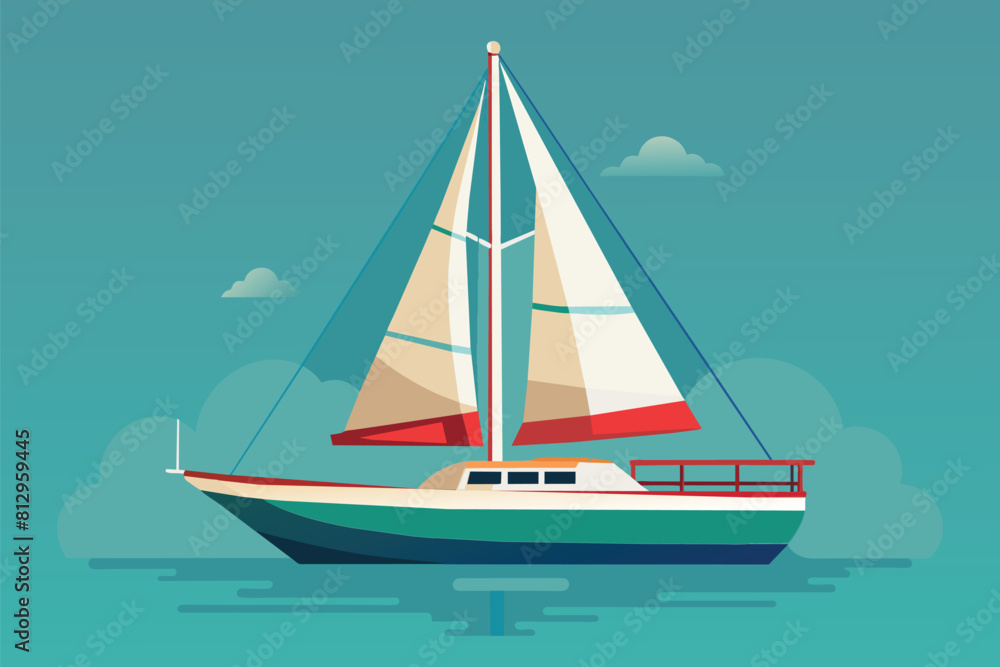 A sailboat peacefully floats on calm water, under clear blue skies, Sail boat Customizable Flat Illustration A sailboat peacefully floats on calm water, under clear blue skies, Sail boat Customizable Flat Illustration