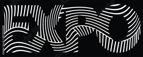  Expo Wave design black and white. Digital image with a psychedelic stripes. Argent base for website, print, basis for banners, wallpapers, business cards, brochure, banner. Line art optical