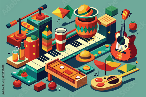 An isometric illustration featuring various musical instruments like drums, guitar, saxophone, and trumpet, Salsa music Customizable Isometric Illustration