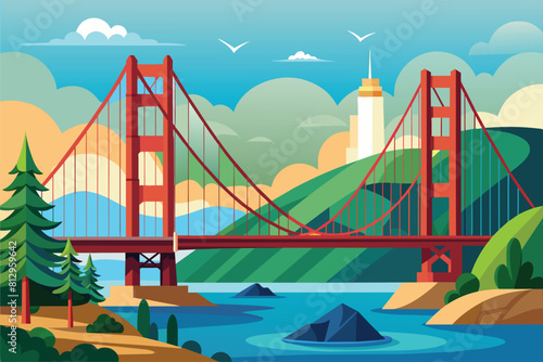 A painting of a bridge spanning over a body of water, capturing a scenic view, San francisco bridge Customizable Cartoon Illustration