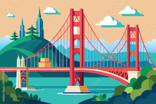 The Golden Gate Bridge stretches across the San Francisco Bay under a clear blue sky, San francisco bridge Customizable Disproportionate Illustration
