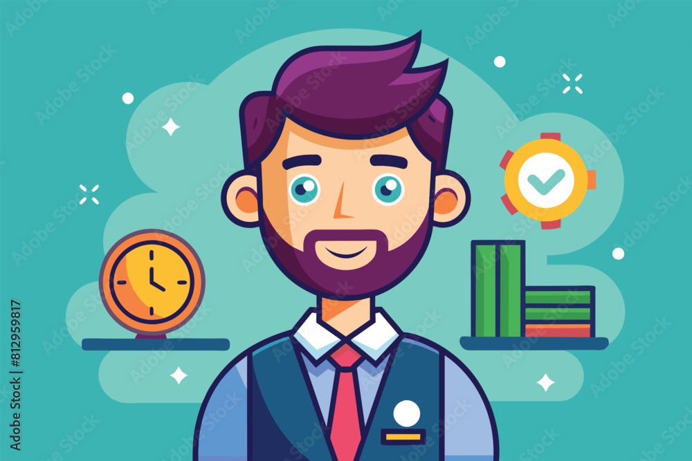 A bearded man standing in front of a clock, Save time Customizable Cartoon Illustration A bearded man standing in front of a clock, Save time Customizable Cartoon Illustration