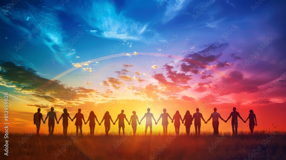 People of all colors holding hands in front of a sunset.