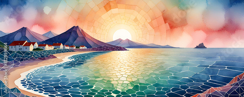 illustrazione con elementi geometrici a tema astratto contemporaneo  tramonto marino