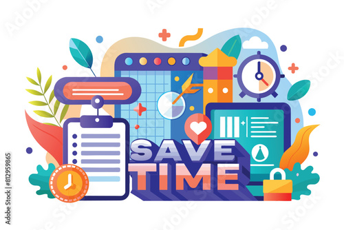 Clock and clipboard displaying the words Save Time in a customizable flat illustration, Save time Customizable Flat Illustration