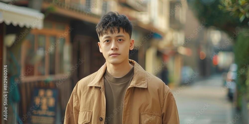 Fototapeta premium Young Man in Brown Jacket Standing on Street