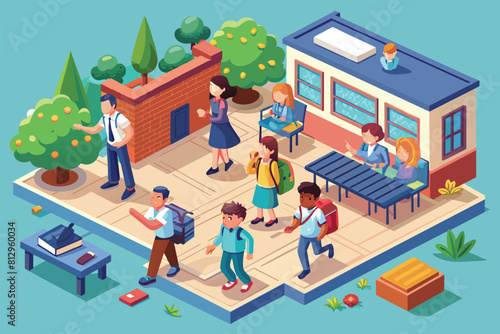 Diverse group of individuals gathered outside a building, potentially waiting or socializing, School bullying Customizable Isometric Illustration